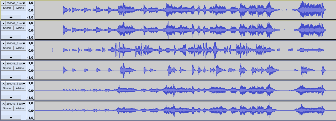 This is a typical timeline view of a 5.1 mix with a standard DCI channel layout.